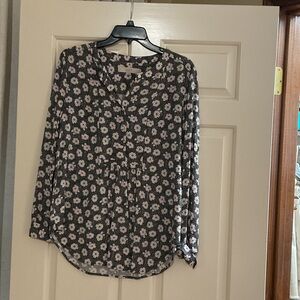 LOFT Black Floral Button-Front Blouse with Light Pink Flowers
